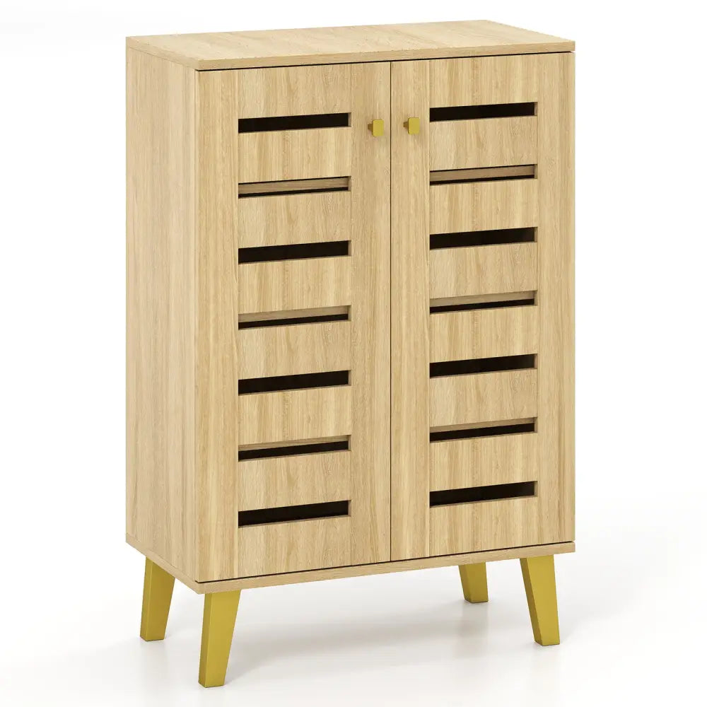4-Tier Modern Freestanding Wooden Shoe Cabinet with Doors and Removable Shelves-Oak - Oak - Shoe Racks & Storage Benches