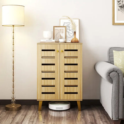 4-Tier Modern Freestanding Wooden Shoe Cabinet with Doors and Removable Shelves-Oak - Oak - Shoe Racks & Storage Benches