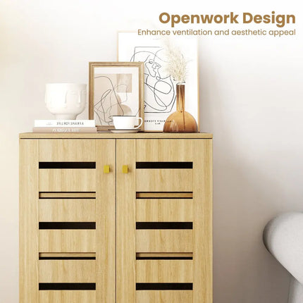4-Tier Modern Freestanding Wooden Shoe Cabinet with Doors and Removable Shelves-Oak - Oak - Shoe Racks & Storage Benches