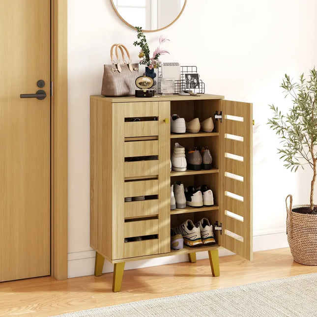 4-Tier Modern Freestanding Wooden Shoe Cabinet with Doors and Removable Shelves-Oak - Oak - Shoe Racks & Storage Benches