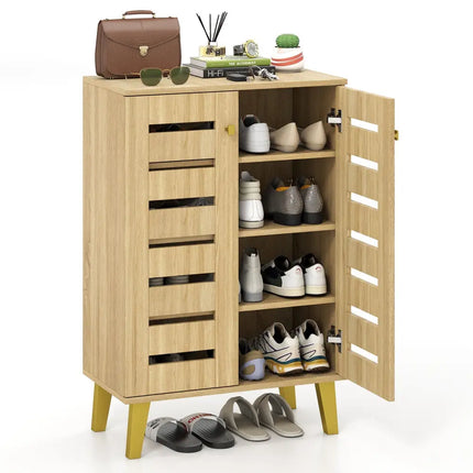 4-Tier Modern Freestanding Wooden Shoe Cabinet with Doors and Removable Shelves-Oak - Oak - Shoe Racks & Storage Benches