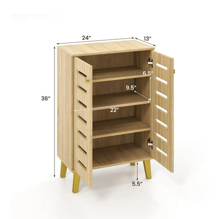 4-Tier Modern Freestanding Wooden Shoe Cabinet with Doors and Removable Shelves-Oak - Oak - Shoe Racks & Storage Benches