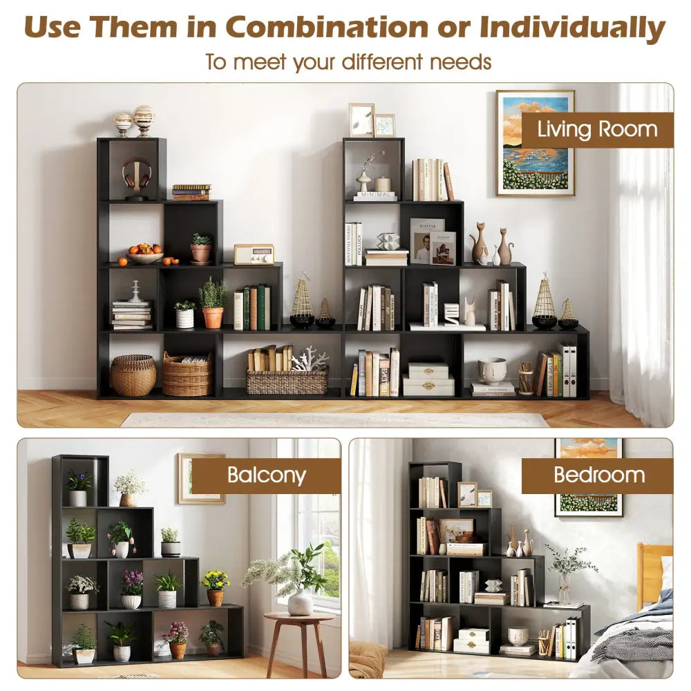 4-Tier Modern Stepped Bookshelf with 6 Storage Cubes for Living Room-Black - Black - Bookcases