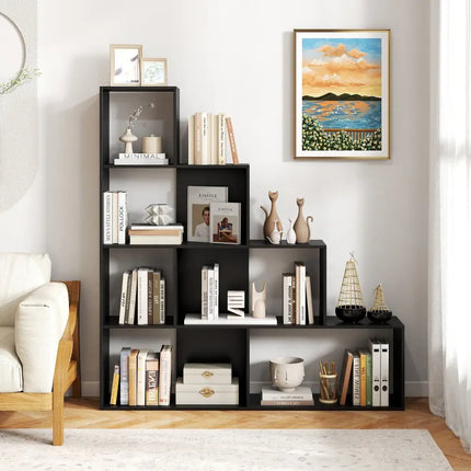 4-Tier Modern Stepped Bookshelf with 6 Storage Cubes for Living Room-Black Costway