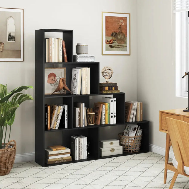 4-Tier Modern Stepped Bookshelf with 6 Storage Cubes for Living Room-Black Costway