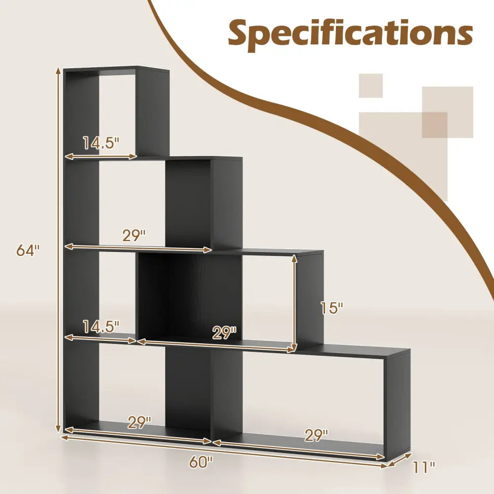 4-Tier Modern Stepped Bookshelf with 6 Storage Cubes for Living Room-Black - Black - Bookcases