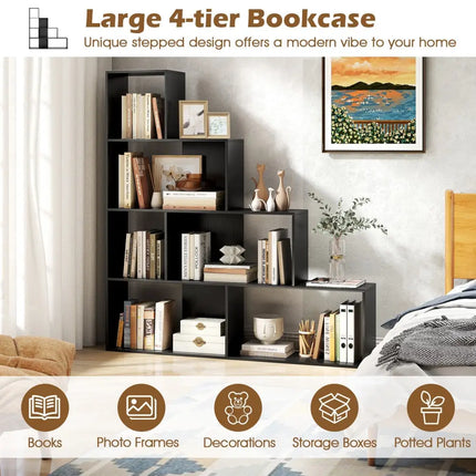 4-Tier Modern Stepped Bookshelf with 6 Storage Cubes for Living Room-Black Costway