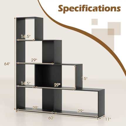 4-Tier Modern Stepped Bookshelf with 6 Storage Cubes for Living Room-Black Costway