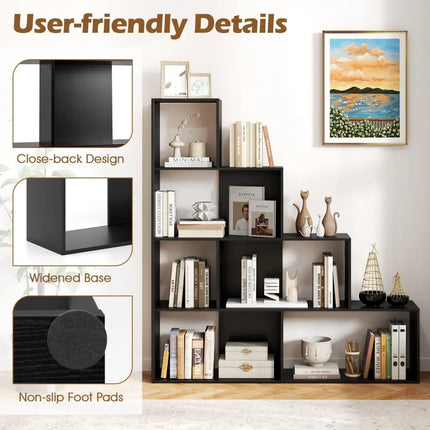 4-Tier Modern Stepped Bookshelf with 6 Storage Cubes for Living Room-Black Costway