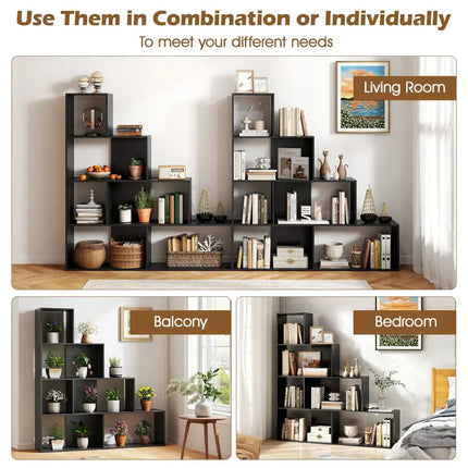 4-Tier Modern Stepped Bookshelf with 6 Storage Cubes for Living Room-Black Costway