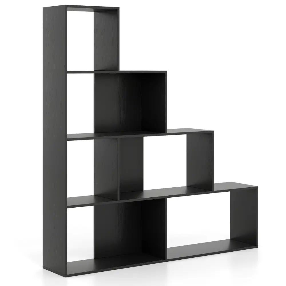 4-Tier Modern Stepped Bookshelf with 6 Storage Cubes for Living Room-Black - Black - Bookcases