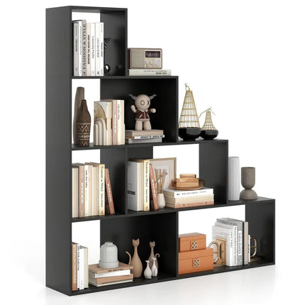 4-Tier Modern Stepped Bookshelf with 6 Storage Cubes for Living Room-Black Costway