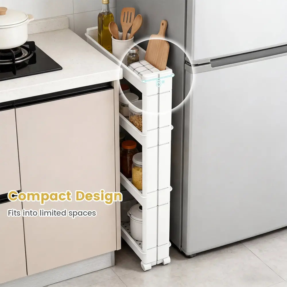4-Tier Multifunctional Slim Storage Trolley with Detachable Trays-White - White - Kitchen Islands & Carts