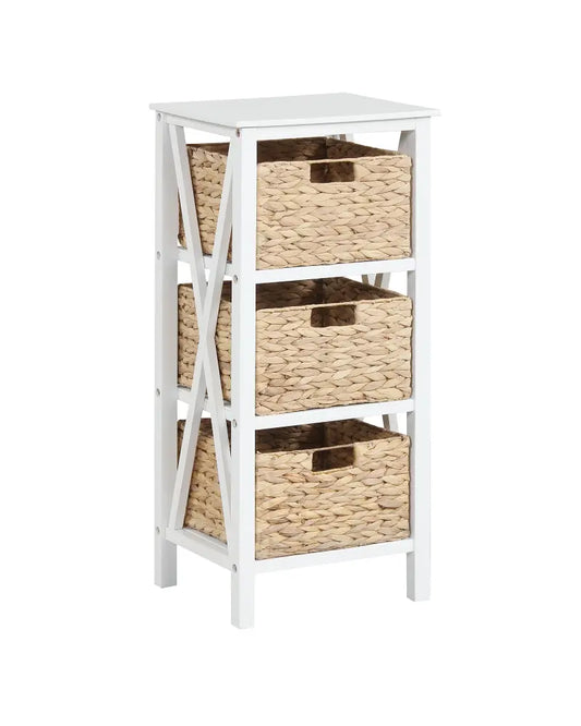 4-Tier Nightstand with 3 Seagrass Baskets Narrow X-Design-4 Tier-White - White - Nightstands