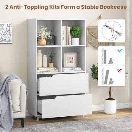 4-Tier Open Bookcase with 2 Drawers and 4 Storage Cubes-White Costway
