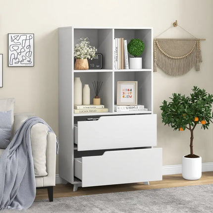4-Tier Open Bookcase with 2 Drawers and 4 Storage Cubes-White Costway