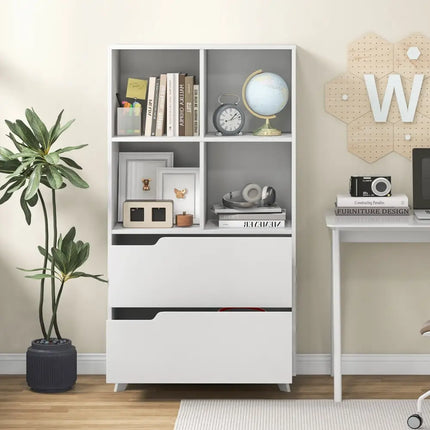 4-Tier Open Bookcase with 2 Drawers and 4 Storage Cubes-White Costway