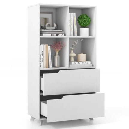 4-Tier Open Bookcase with 2 Drawers and 4 Storage Cubes-White Costway