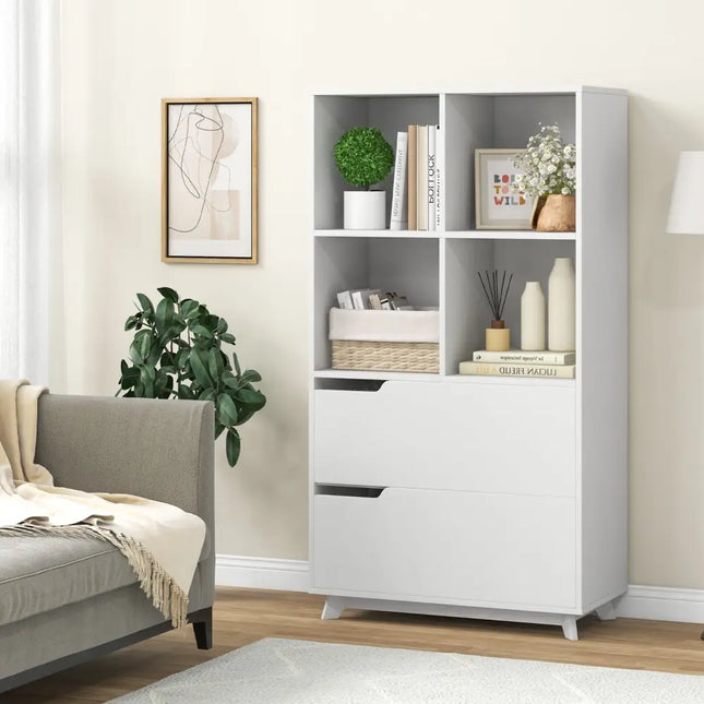 4-Tier Open Bookcase with 2 Drawers and 4 Storage Cubes-White Costway