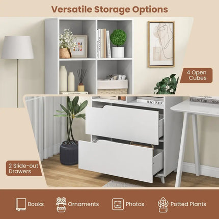 4-Tier Open Bookcase with 2 Drawers and 4 Storage Cubes-White Costway