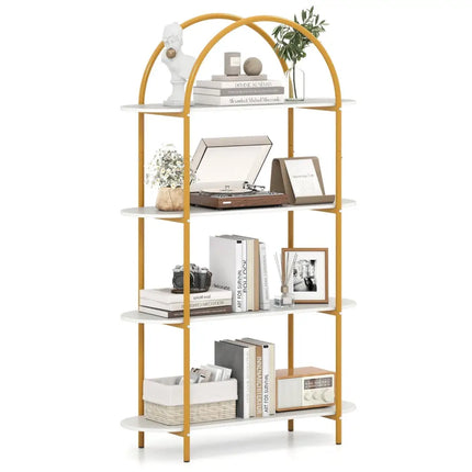 4-Tier Open Bookcase with Sturdy Metal Frame for Living Room-White & Golden Costway