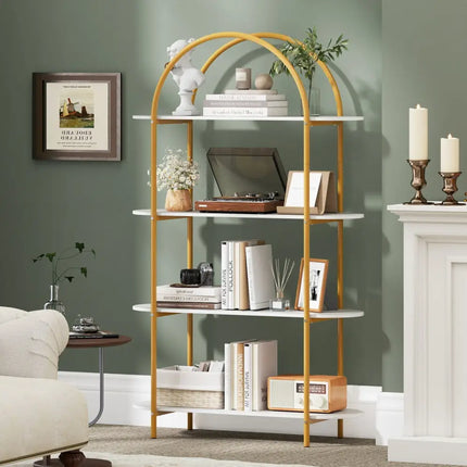4-Tier Open Bookcase with Sturdy Metal Frame for Living Room-White & Golden Costway