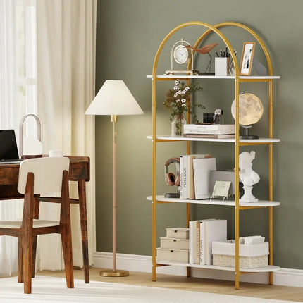 4-Tier Open Bookcase with Sturdy Metal Frame for Living Room-White & Golden Costway