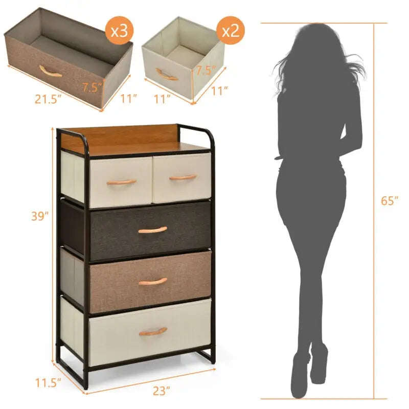 4-Tier Organizer Tower Steel Frame Wooden Top Storage with 5-Drawer Dresser-Muticolor - Multicolor - Dressers & Chests