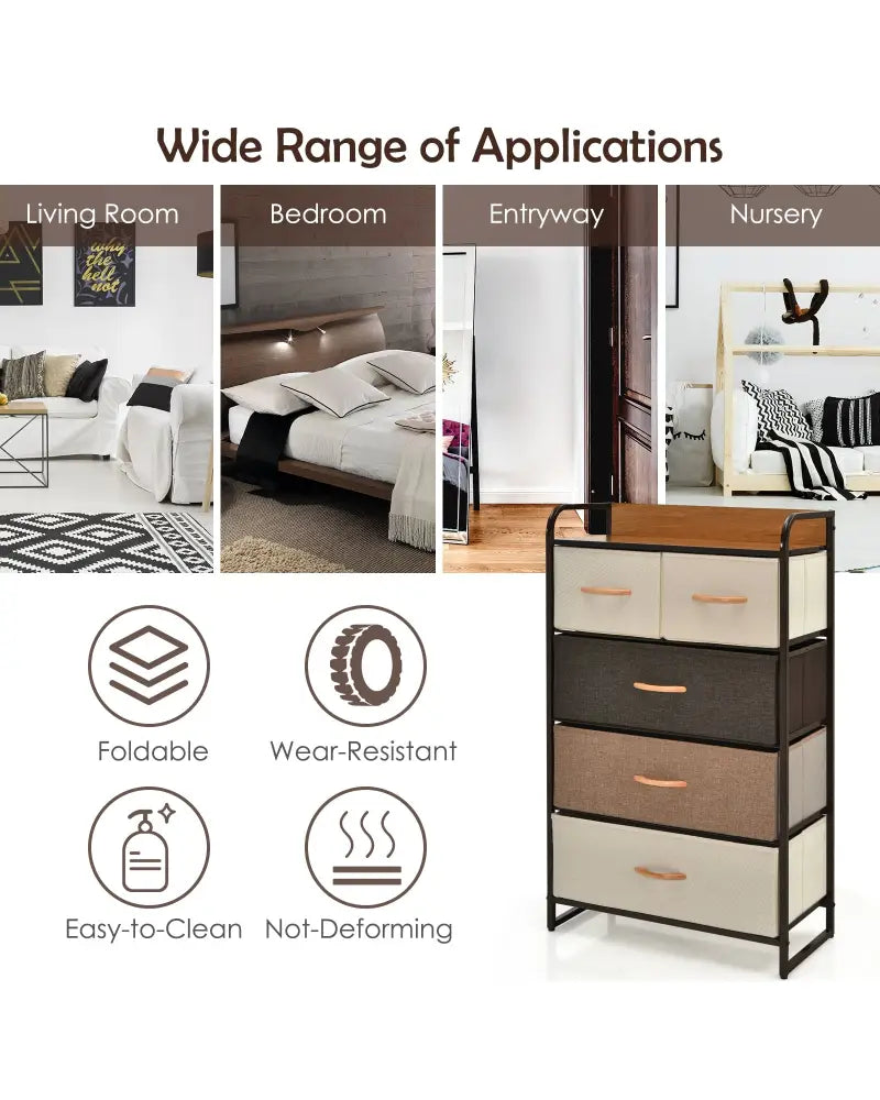 4-Tier Organizer Tower Steel Frame Wooden Top Storage with 5-Drawer Dresser-Muticolor - Multicolor - Dressers & Chests