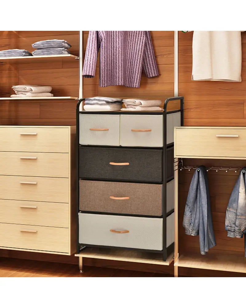 4-Tier Organizer Tower Steel Frame Wooden Top Storage with 5-Drawer Dresser-Muticolor - Multicolor - Dressers & Chests
