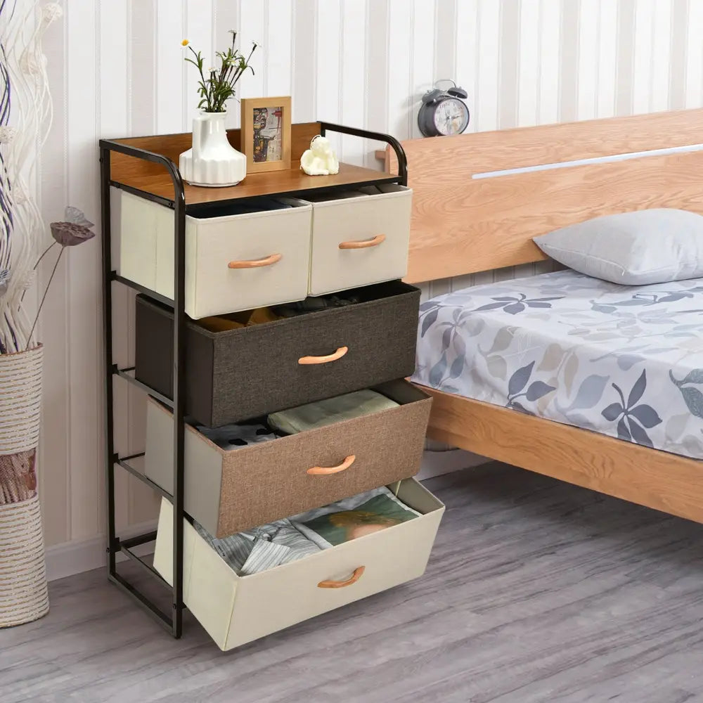 4-Tier Organizer Tower Steel Frame Wooden Top Storage with 5-Drawer Dresser-Muticolor - Multicolor - Dressers & Chests