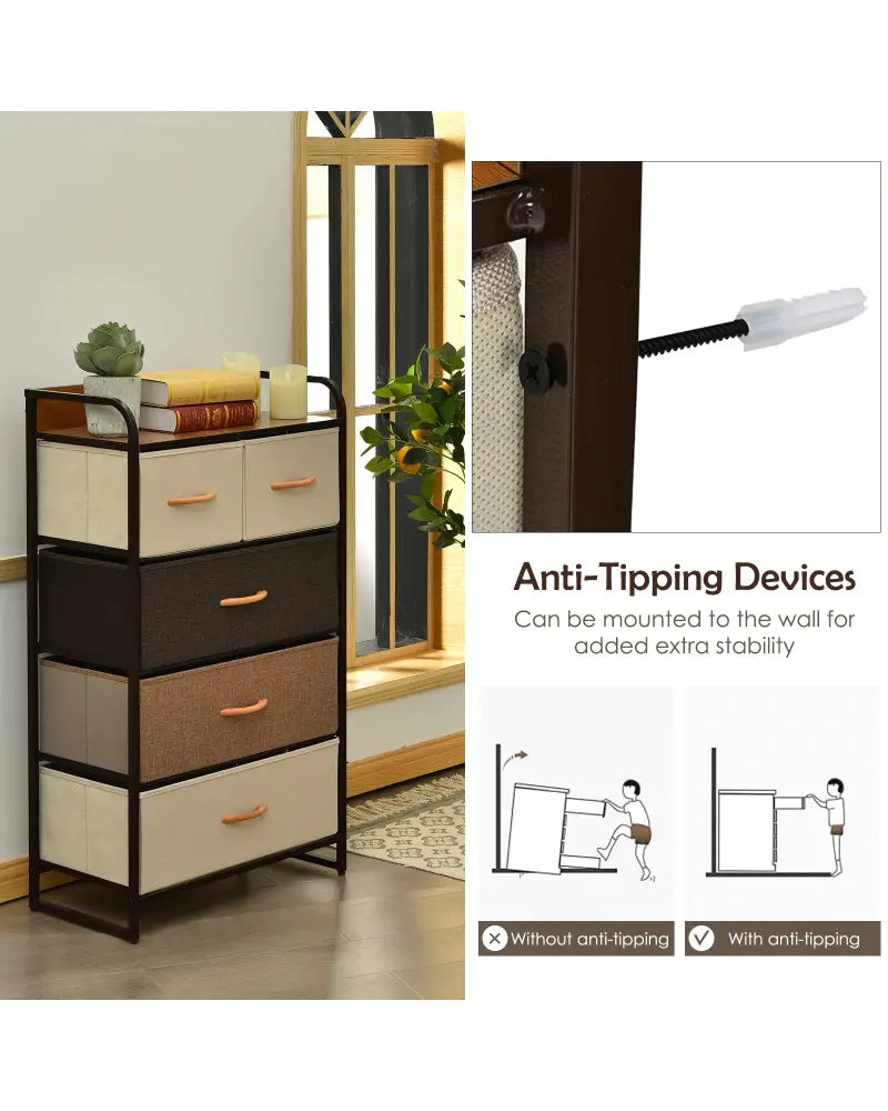 4-Tier Organizer Tower Steel Frame Wooden Top Storage with 5-Drawer Dresser-Muticolor - Multicolor - Dressers & Chests