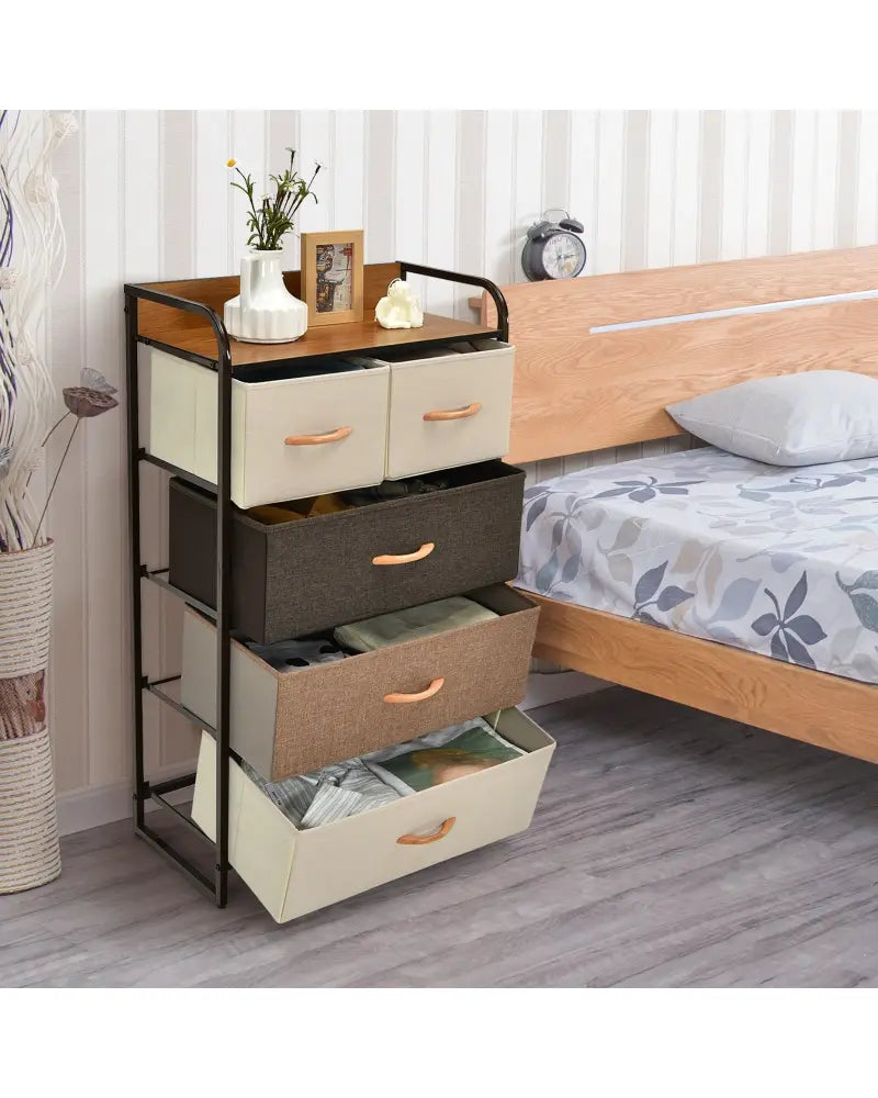 4-Tier Organizer Tower Steel Frame Wooden Top Storage with 5-Drawer Dresser-Muticolor - Multicolor - Dressers & Chests