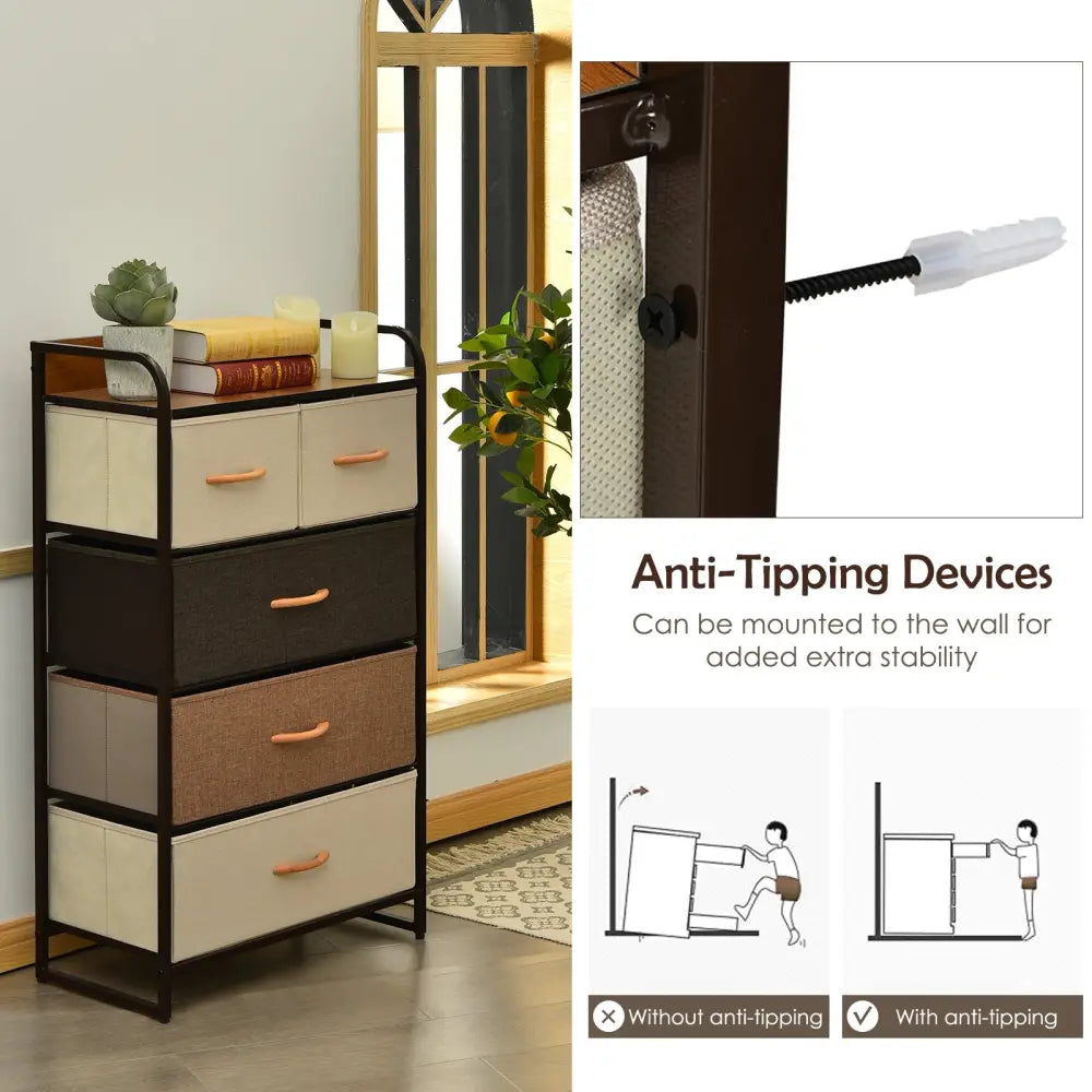 4-Tier Organizer Tower Steel Frame Wooden Top Storage with 5-Drawer Dresser-Muticolor - Multicolor - Dressers & Chests