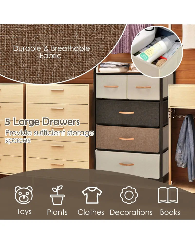 4-Tier Organizer Tower Steel Frame Wooden Top Storage with 5-Drawer Dresser-Muticolor - Multicolor - Dressers & Chests