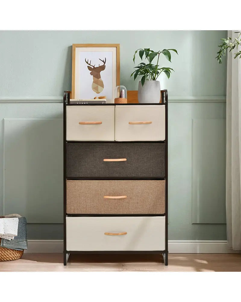 4-Tier Organizer Tower Steel Frame Wooden Top Storage with 5-Drawer Dresser-Muticolor - Multicolor - Dressers & Chests