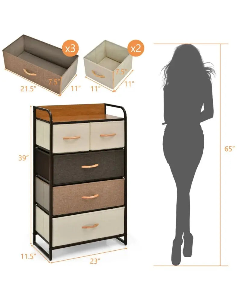 4-Tier Organizer Tower Steel Frame Wooden Top Storage with 5-Drawer Dresser-Muticolor - Multicolor - Dressers & Chests