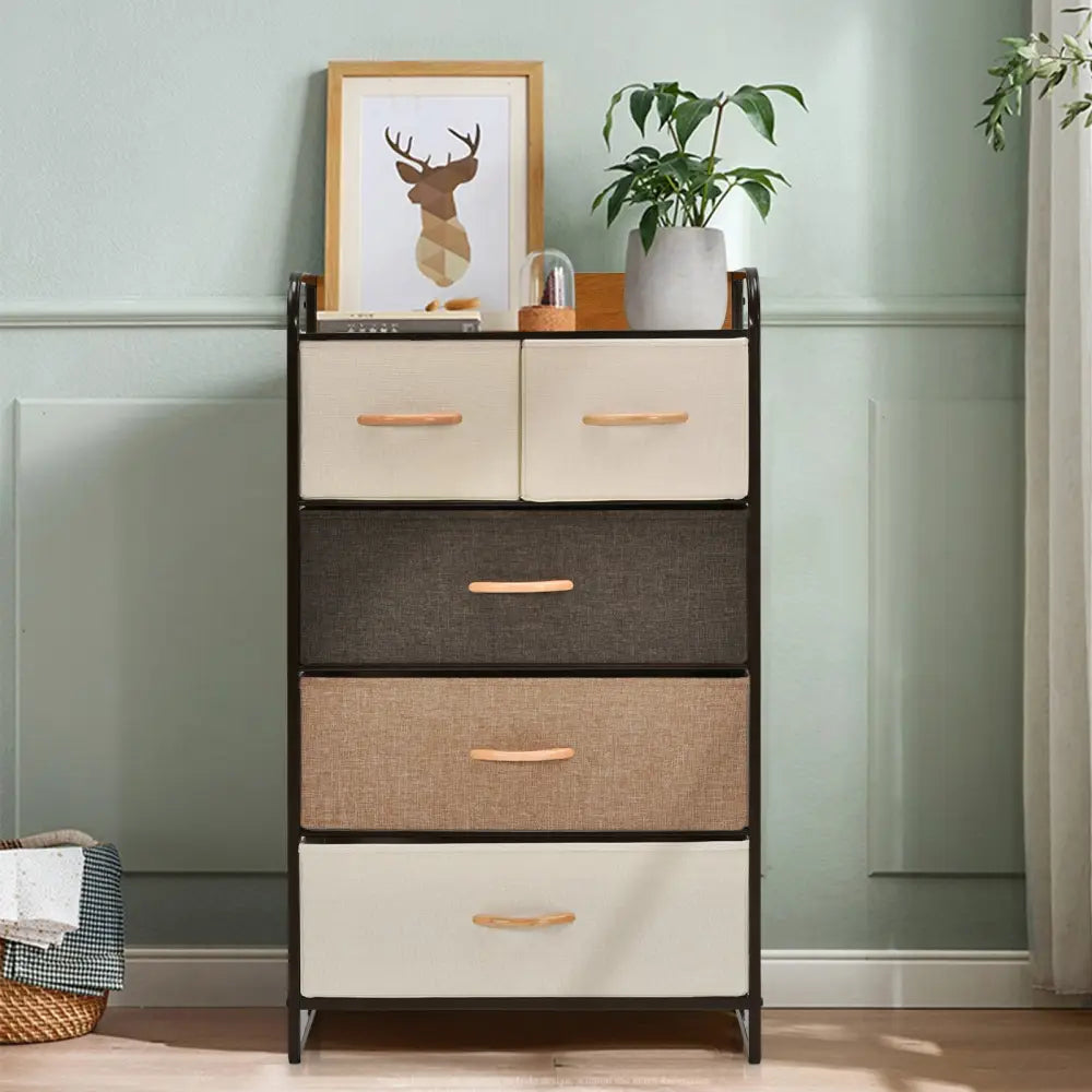 4-Tier Organizer Tower Steel Frame Wooden Top Storage with 5-Drawer Dresser-Muticolor - Multicolor - Dressers & Chests
