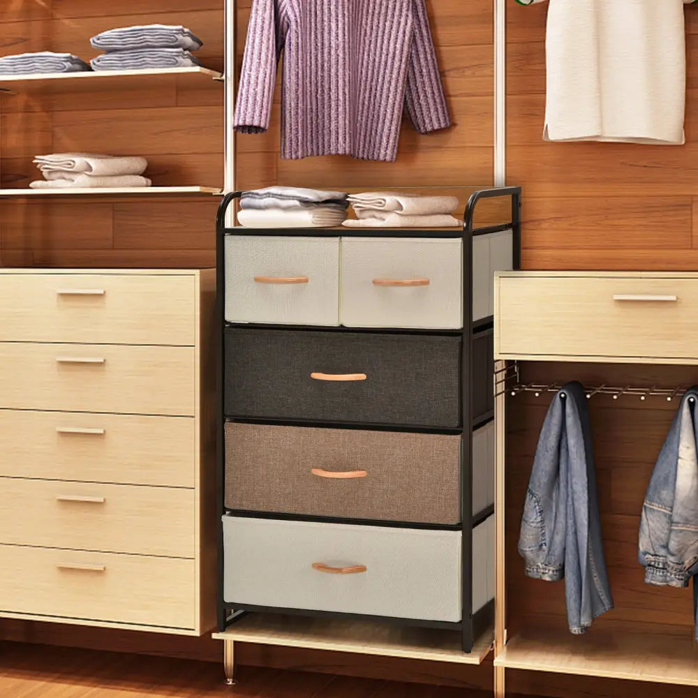 4-Tier Organizer Tower Steel Frame Wooden Top Storage with 5-Drawer Dresser-Muticolor - Multicolor - Dressers & Chests