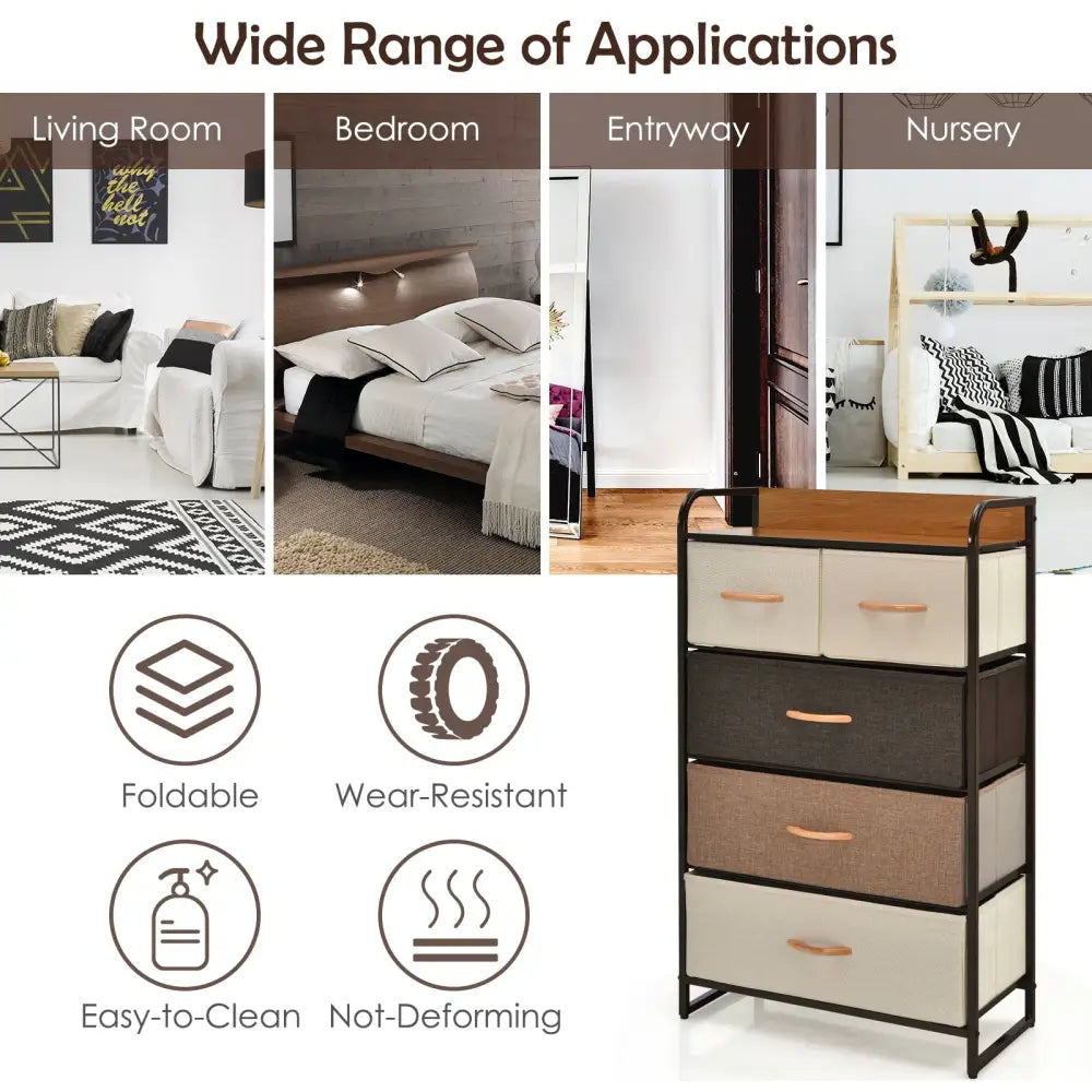 4-Tier Organizer Tower Steel Frame Wooden Top Storage with 5-Drawer Dresser-Muticolor - Multicolor - Dressers & Chests