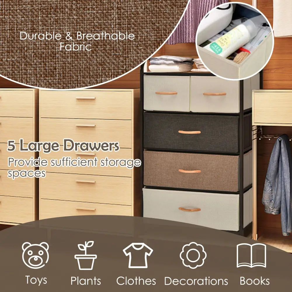 4-Tier Organizer Tower Steel Frame Wooden Top Storage with 5-Drawer Dresser-Muticolor - Multicolor - Dressers & Chests