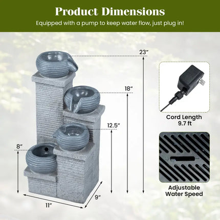 4-Tier Outdoor Water Fountain Cascading Bowl Waterfall Fountain with LED Lights - Gray - Outdoor Decor