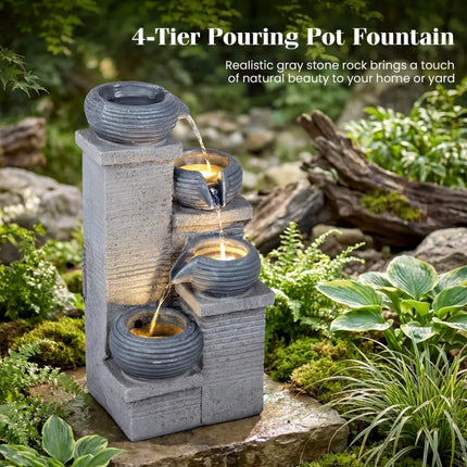 4-Tier Outdoor Water Fountain Cascading Bowl Waterfall Fountain with LED Lights - Gray - Outdoor Decor
