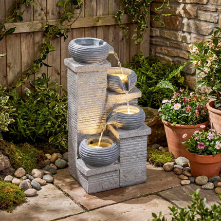 4-Tier Outdoor Water Fountain Cascading Bowl Waterfall Fountain with LED Lights - Gray - Outdoor Decor