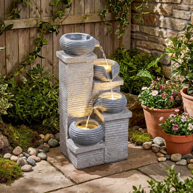 4-Tier Outdoor Water Fountain Cascading Bowl Waterfall Fountain with LED Lights - Gray - Outdoor Decor