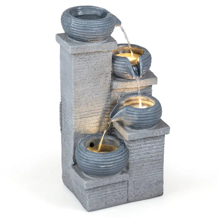 4-Tier Outdoor Water Fountain Cascading Bowl Waterfall Fountain with LED Lights - Gray - Outdoor Decor