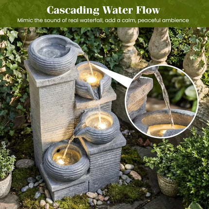 4-Tier Outdoor Water Fountain Cascading Bowl Waterfall Fountain with LED Lights - Gray - Outdoor Decor