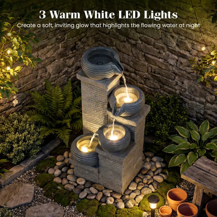 4-Tier Outdoor Water Fountain Cascading Bowl Waterfall Fountain with LED Lights - Gray - Outdoor Decor