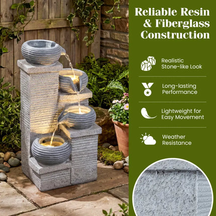 4-Tier Outdoor Water Fountain Cascading Bowl Waterfall Fountain with LED Lights - Gray - Outdoor Decor