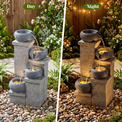 4-Tier Outdoor Water Fountain Cascading Bowl Waterfall Fountain with LED Lights - Gray - Outdoor Decor